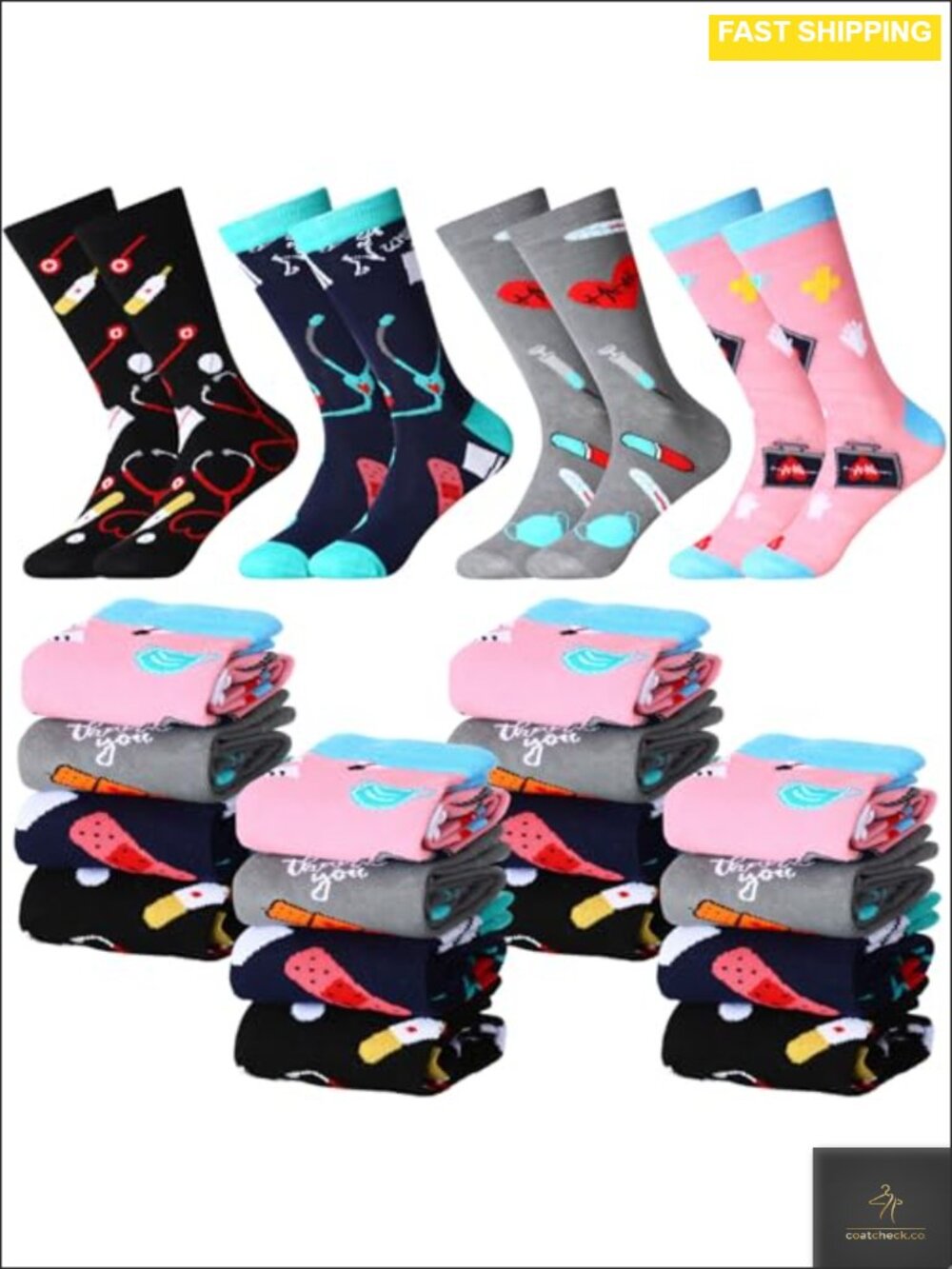 24 Pairs Nurse Novelty Crew Socks Polyester Gift Men Women Size 6-12